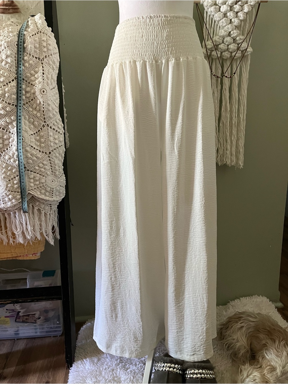 Wide Leg Smocked Waist Pants - Cream